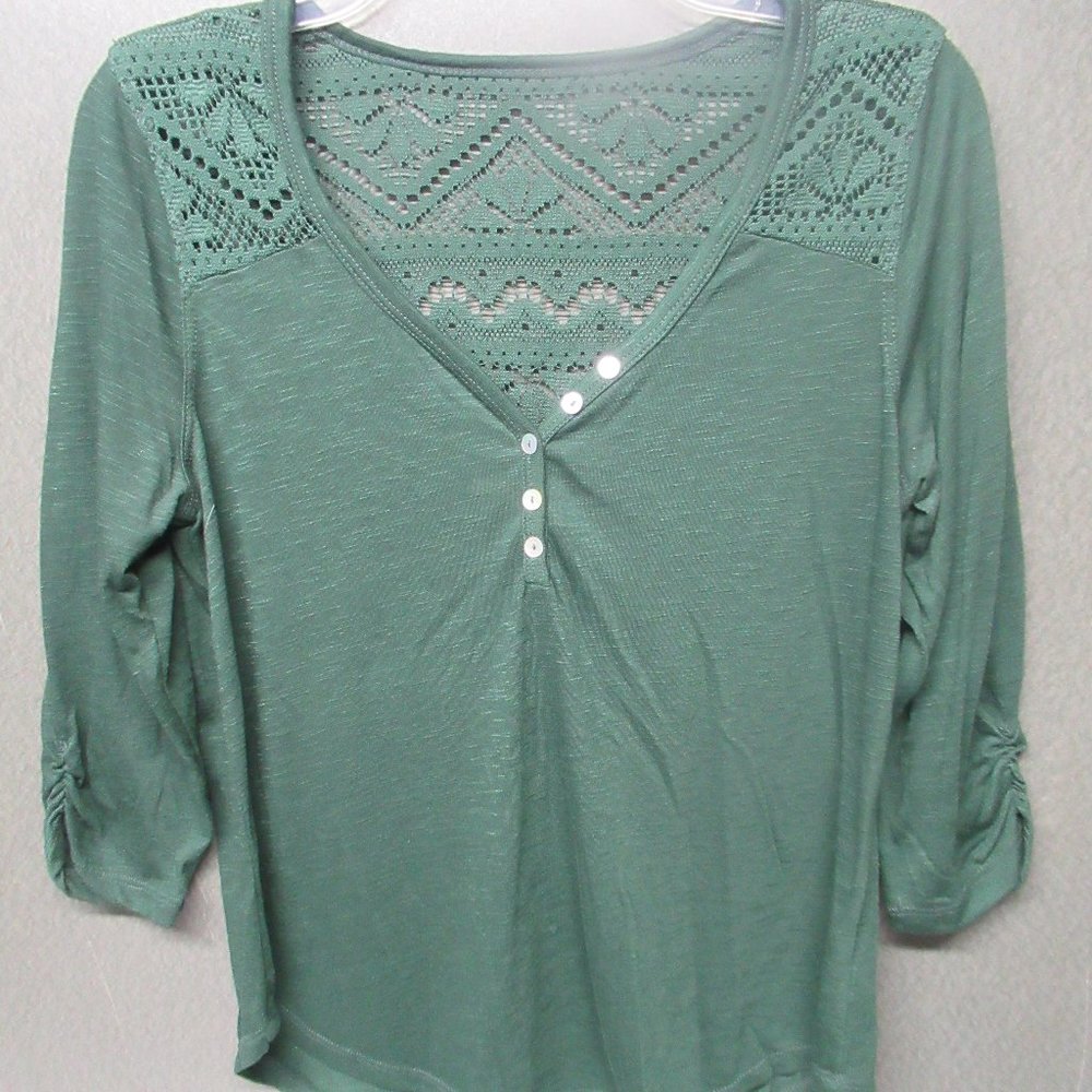 Green Peasant Blouse Lace Detail, Roll Tab Sleeves Sz L